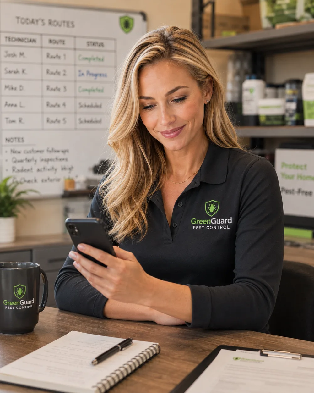 Skye, AI closer, texting a new lead in a pest control office